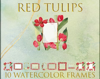 Watercolor clipart red tulip frames / red tulip clipart for wedding design / wedding invite / nature wedding invite clipart / clipart flower