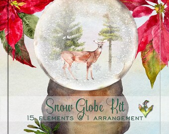 Snow globe, CHRISTMAS clipart, winter snow globe, Watercolor Clipart, floral clipart, handpainted clipart,Snow globe trees, woodland clipart