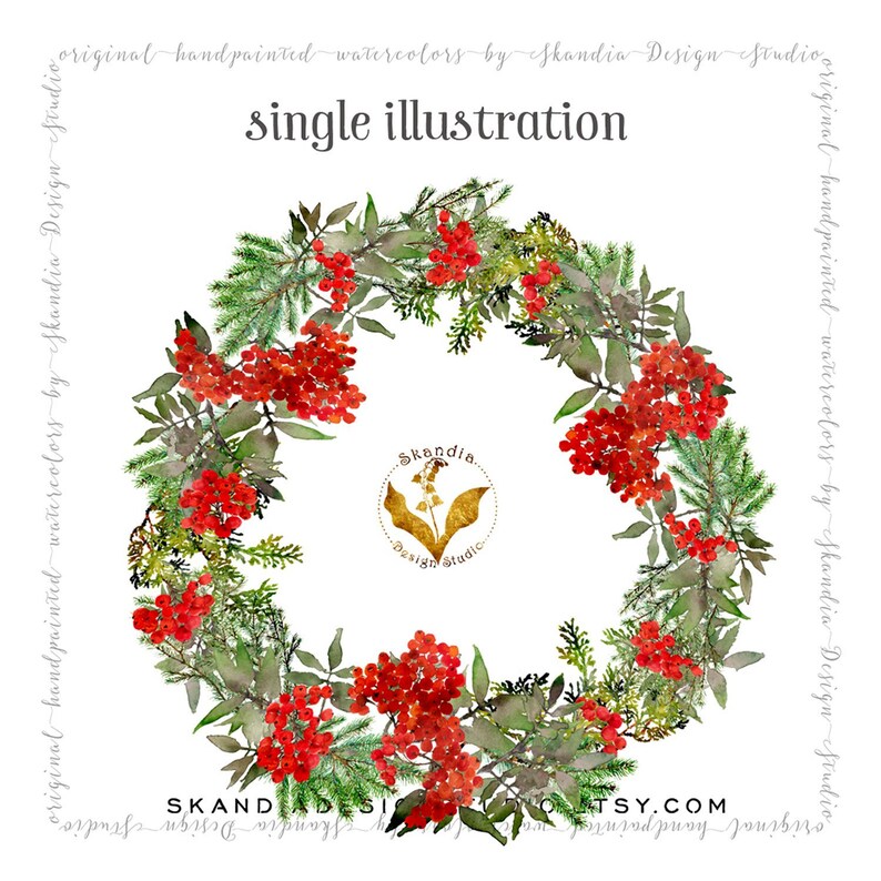 Christmas watercolor Christmas wreath clipart Christmas clipart Evergreen wreath Watercolor clipart Mountain ash wreath Berry wreath