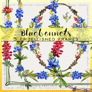 Bluebonnet Clipart, handpainted clipart, wildflower clipart, watercolor clipart, boho clipart, floral clipart frames, rustic boho clipart