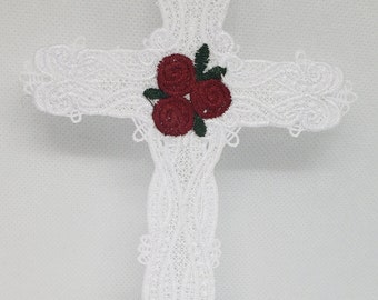 Freestanding Lace Cross decorated with Roses (5&quot; x 6&quot;)