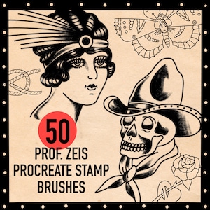 Op de afbeelding: Een set van 50 zwart-witte Procreate-stempelpenselen met vintage tattoo-ontwerpen. De ontwerpen omvatten een vrouw met een verenhoofdtooi, een cowboy-schedel, een vlinder, een roos en een hart.