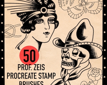 May include: A set of 50 black and white Procreate stamp brushes featuring vintage tattoo designs. The designs include a woman with a feather headdress, a cowboy skull, a butterfly, a rose, and a heart.