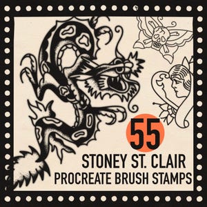 May include: A square stamp design featuring black and white tattoo-style illustrations of a dragon, a skull butterfly, and a heart with a woman's profile. The number 55 is in an orange circle, with the text "STONEY ST. CLAIR PROCREATE BRUSH STAMPS".