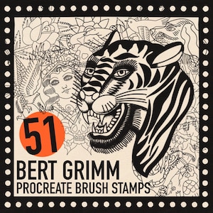 以下が含まれることがあります： 虎の頭が口を開けて描かれた白黒のイラストで、周囲には伝統的なタトゥーのデザインが描かれています。画像は黒と白の点線で囲まれており、「BERT GRIMM PROCREATE BRUSH STAMPS」というテキストと赤い円の中に「51」という数字が書かれています。