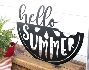 Hello Summer Watermelon Decor- Summer Metal Sign- Farmhouse- Shelf Decor- Metal Sign- Housewarming Gift- Rustic- Metal and Wood- Farm Sign