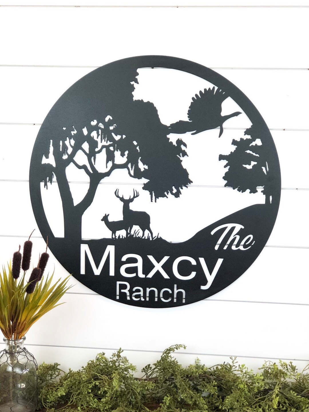 Deer and Turkey Ranch Family Name Sign- Outdoor Deer Scene Metal Art ...