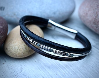 Morse Code Guitar String Leather bracelet - Secret Message Bracelet - Gifts for musicians - Leather bracelet - Leather Anniversary gift -