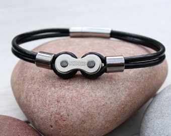 Leather bicycle chain link bracelet - Leather Anniversary Gift - Leather Bracelet - Gifts for Cyclists