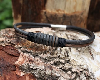 Rustic Black Leather Bracelet, rustic leather bracelet, custom handmade leather bracelet -real leather- micro Paracord detail. black leather