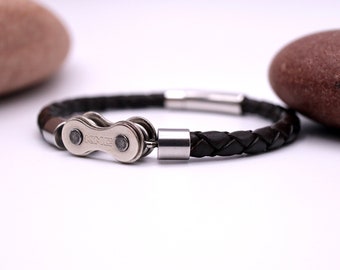 Braided Leather Bike Chain Bracelet. Cyclist gifts. Gifts for cyclists. Braided Leather Bracelet. Leather Anniversary