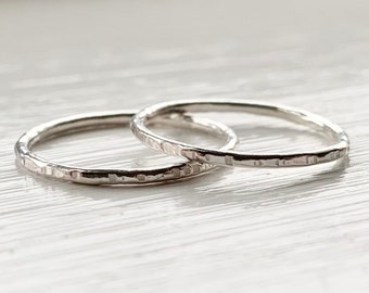 Silver Dainty Hammered Stacking Ring - 1.2mm Thin Textured Band