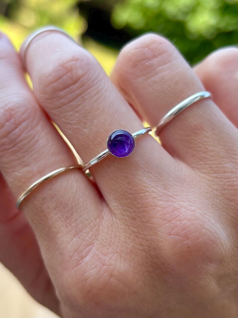May include: A hand wearing three rings. The central ring features a small, round, deep purple gemstone set in a silver band. Two thinner, plain silver bands flank the gemstone ring. The background is blurred green.