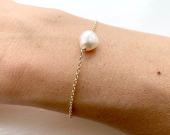GOLD PEARL BRACELET , 9ct Yellow Gold or Gold Filled Chain Bracelet with Nugget Pearl , Elegant Wedding Bridesmaid Bracelet