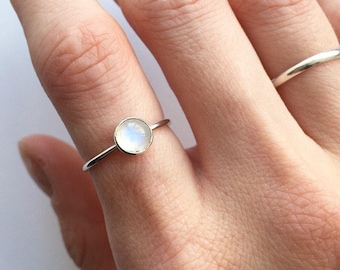 Silver Moonstone Ring: 6mm Gem Bezel Ring, June Birthstone - Gold Available