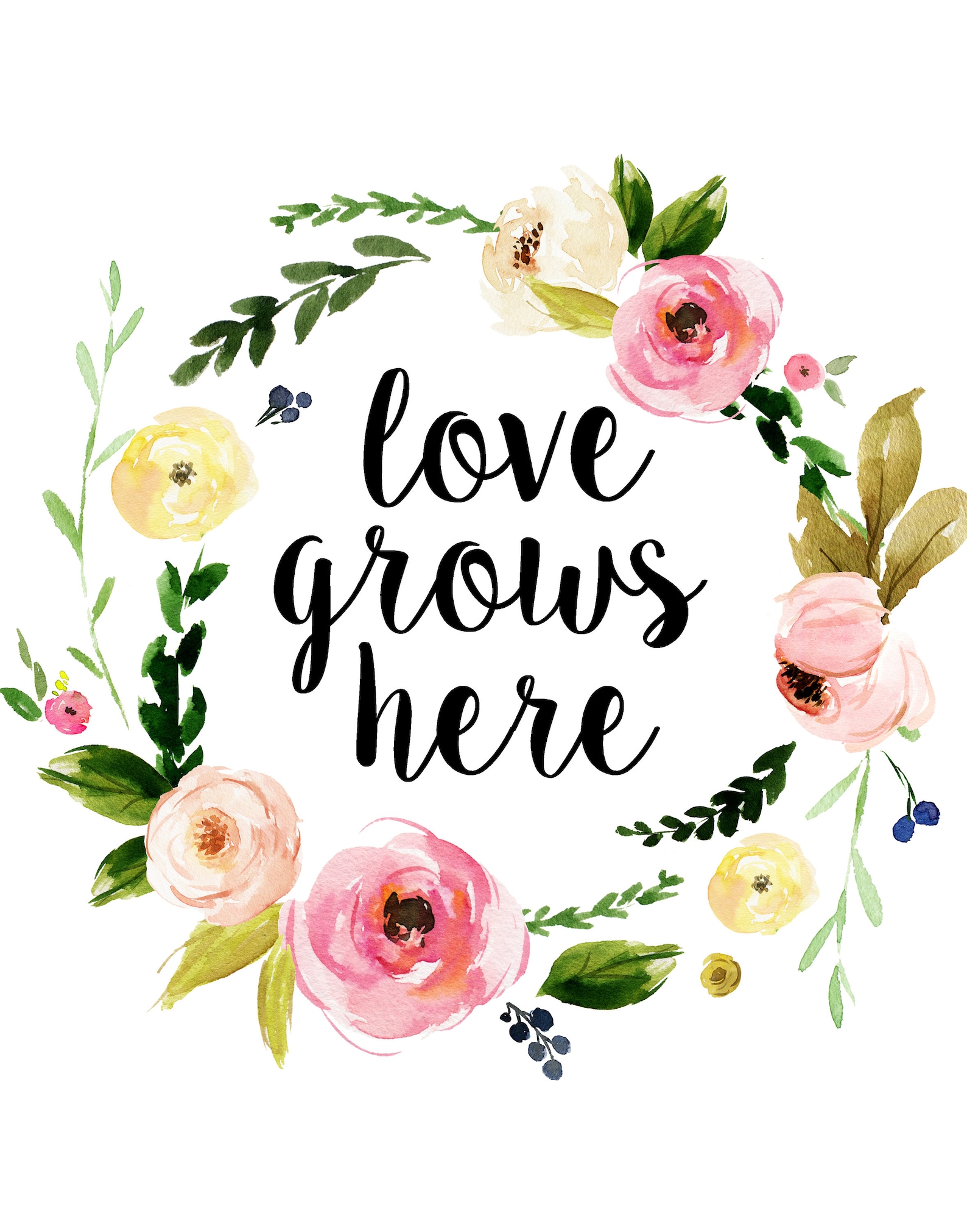 Love Grows Here Printable Wall Art Watercolor Flower Print | Etsy