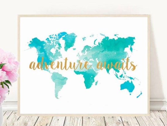 printable map adventure awaits world map watercolor map etsy