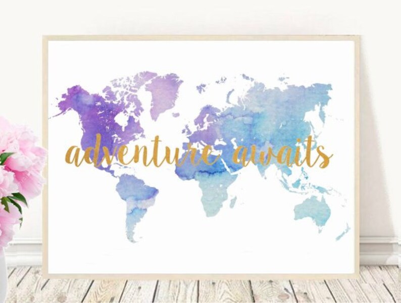 watercolor world map adventure awaits printable art etsy