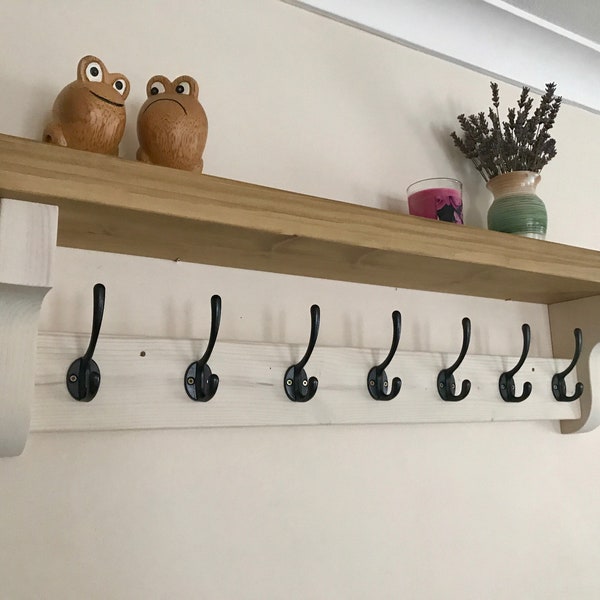 Coat hook rack with shelf, Handcrafted from chunky premium quality pine.