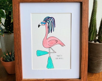 Party Flamingo // 5x7 watercolor + ink