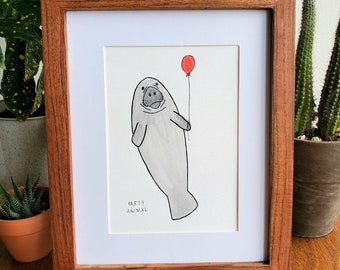 Party Manatee // 5x7 watercolor + ink