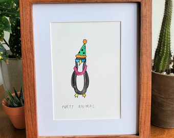 Party Penguin // 5x7 watercolor + ink