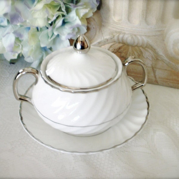 Royal Adderley Fine Bone China Sugar Bowl with Lid & Serving Plate, Ridgway Potteries Royal Adderley SILVER ELEGANCE, Made in England