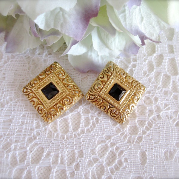 Crown PD Premier Designs Clip Earrings, Signed Crown PD Vintage Clip On Earrings, Onyx Rhinestone & Gold tone Clip Earrings, Gift for Her