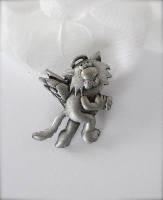 Pewter Angel Cat Pin, Signed JJ Angel Cat Pin Tac,