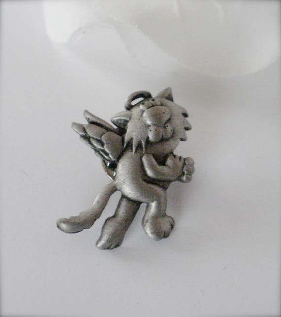 Pewter Angel Cat Pin, Signed JJ Angel Cat Pin Tac… - image 2