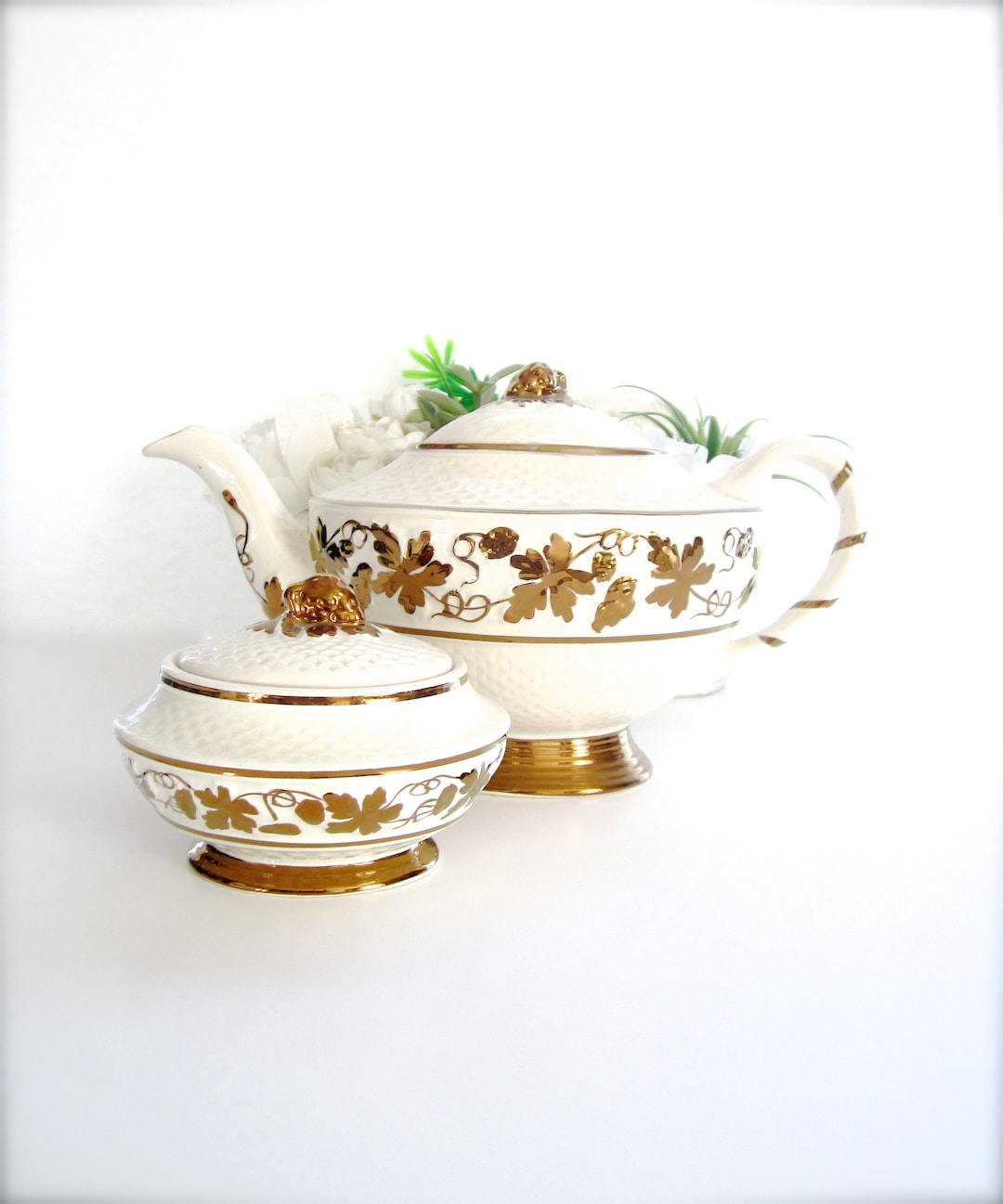 Vintage Wade Teapot and Sugar Bowl, 24k Gold Hand Painted Grape Vines