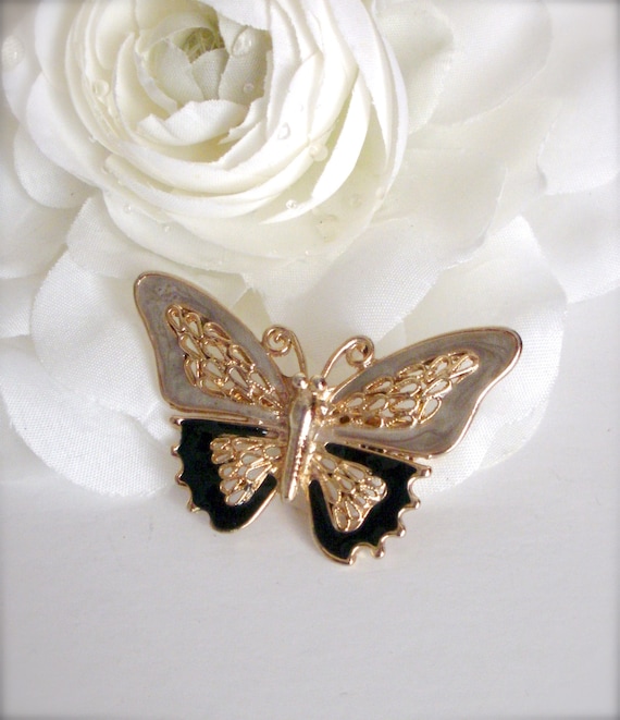 Enamel Butterfly Brooch, Gold tone Butterfly Broo… - image 1