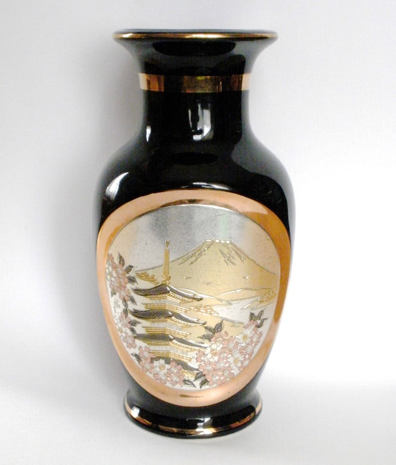 Chokin Art Vase Japanese Vase Vintage Chokin Art 24 Karat Gold Edged Fine Porcelain Vase Black