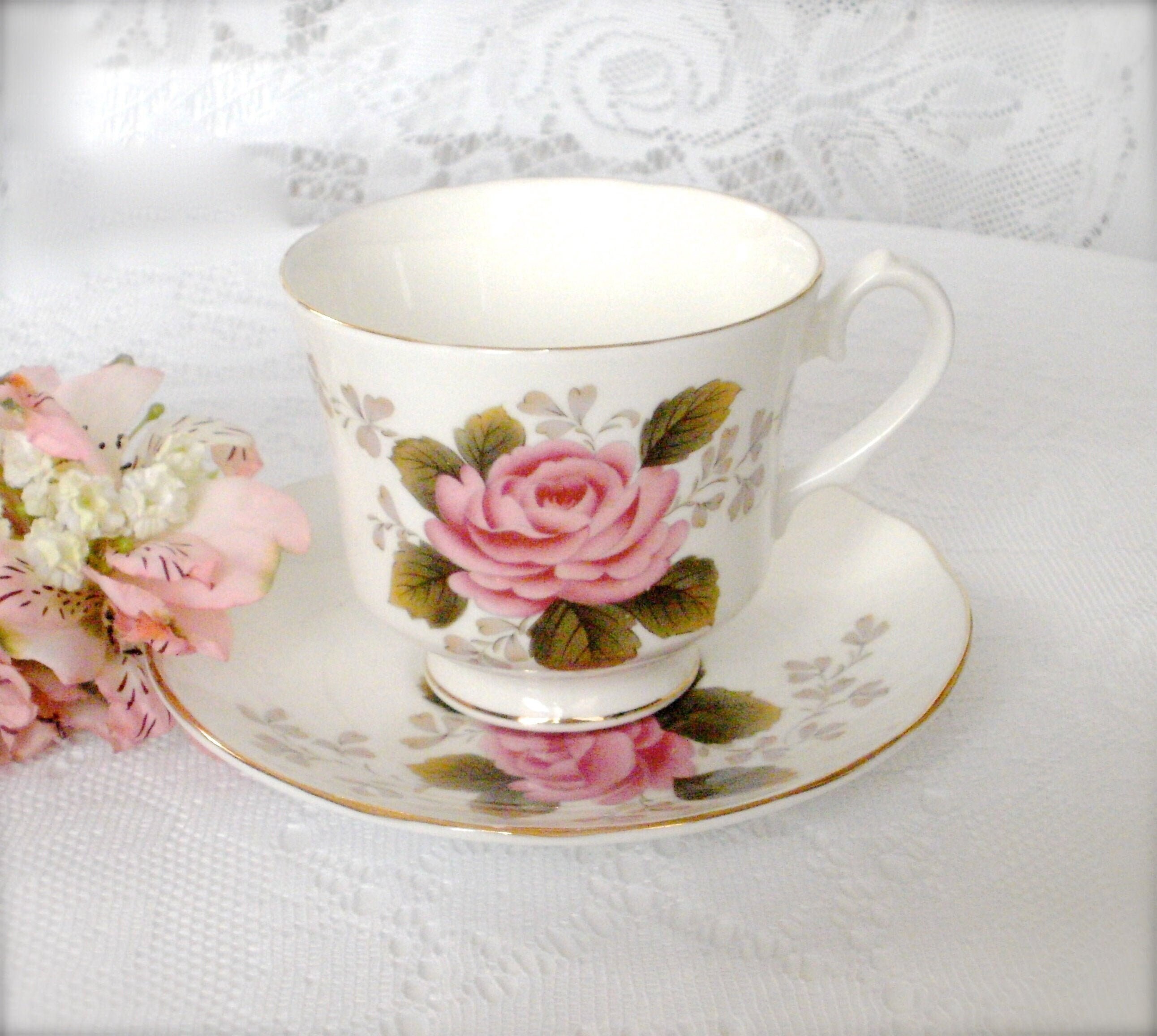 Fern Rose Tea Cup and Saucer, Crown Duchess Fine English Bone China