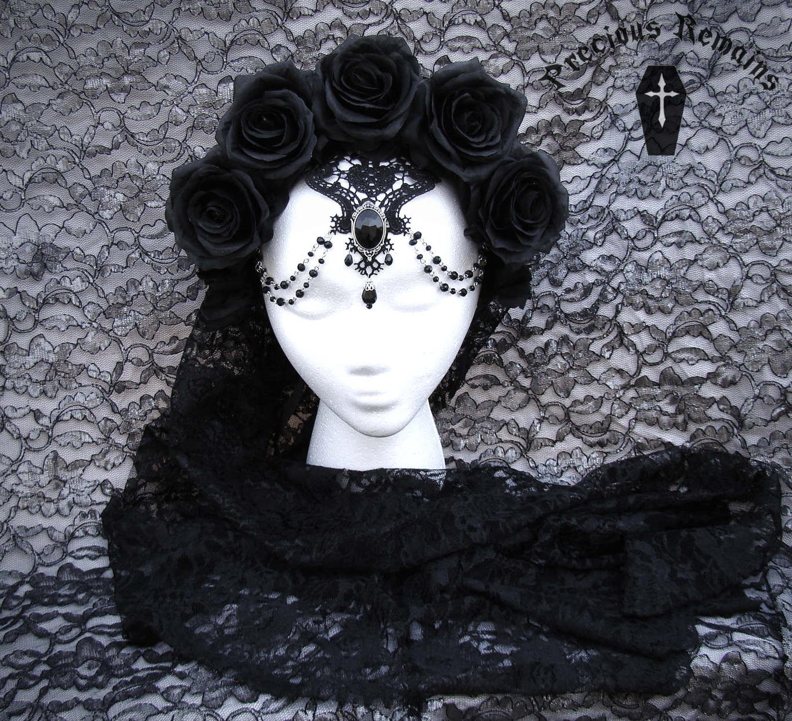 Gothic Mesh Veil with Feather and Rose Accents