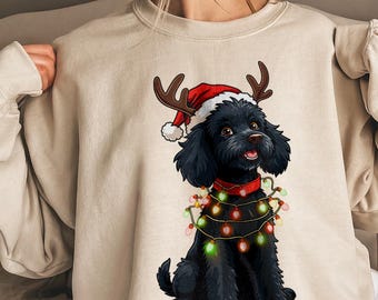 Christmas Poodle Tshirt, Santa Hat Dog Lover Holiday Sweatshirt, Black Poodle Xmas Shirt, Poodle Lover Christmas Festive Gift Sweater