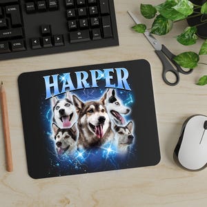May include: Black mouse pad with a blue and white design featuring a group of husky dogs with the name "HARPER" in blue letters.