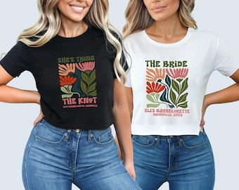 Tying the Knot Bachelorette Shirts, Custom Matching Bride Crew Neck Tee, Personalized City Name Botanical Tops, Bach Group Gift Custom Year