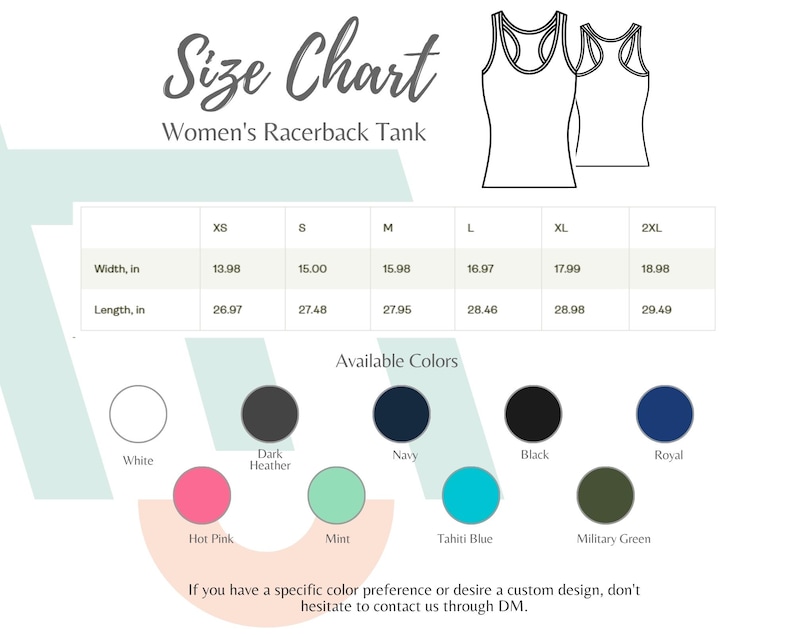 May include: Size chart for a Women's Racerback Tank, showing measurements in inches for XS to 2XL sizes. Available colors include white, dark heather, navy, black, royal, hot pink, mint, Tahiti blue, and military green.