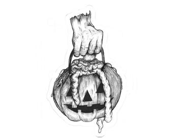 Creepy Hand Holding Jack-O'-Lantern Kiss-Cut Sticker | Halloween Pumpkin Decal