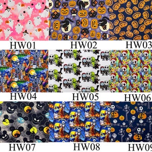 May include: Nine different Halloween fabric patterns featuring various characters and designs. The patterns include ghosts, pumpkins, bats, and characters from The Nightmare Before Christmas.