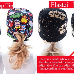 May include: Two surgical caps with adjustable elastic bands and a white silicone buckle. One cap features a colourful cartoon superhero print, the other has a black background with gold "Star Wars" text. The text "Strap Tie" and "Elastei Buckle" are visible above the caps.