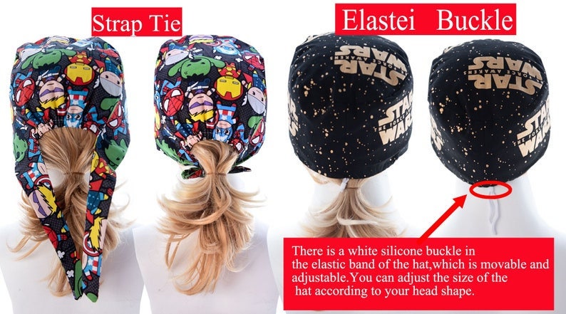 May include: Two surgical caps with adjustable elastic bands and a white silicone buckle. One cap features a colourful cartoon superhero print, the other has a black background with gold "Star Wars" text. The text "Strap Tie" and "Elastei Buckle" are visible above the caps.