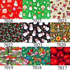May include: A collage of ten different fabric patterns featuring various Christmas and winter themes. The patterns include snowmen, holly, presents, reindeer, and red trucks. The fabric is perfect for crafting projects like quilts, cushions, and bags.
