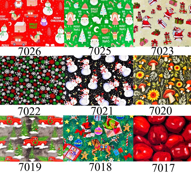 May include: A collage of ten different fabric patterns featuring various Christmas and winter themes. The patterns include snowmen, holly, presents, reindeer, and red trucks. The fabric is perfect for crafting projects like quilts, cushions, and bags.