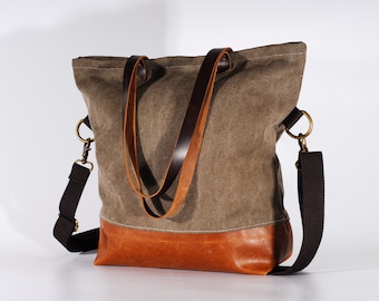 Convertible Tote, Canvas Base Cotton Adjustable Strap /Canvas and Leather Tote/Leather Bag/zipper/Foldover Crossbody Bag