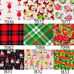 May include: Nine different fabric swatches with Christmas themes. The swatches include red and white plaid, green and white plaid, Santa Claus, gnomes, and Christmas baubles.