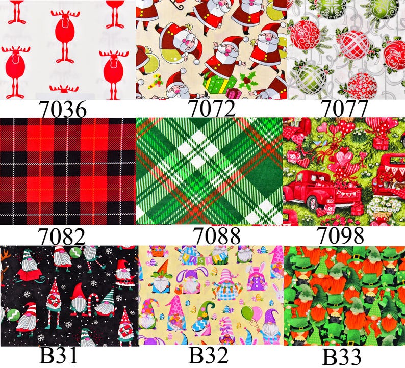 May include: Nine different fabric swatches with Christmas themes. The swatches include red and white plaid, green and white plaid, Santa Claus, gnomes, and Christmas baubles.