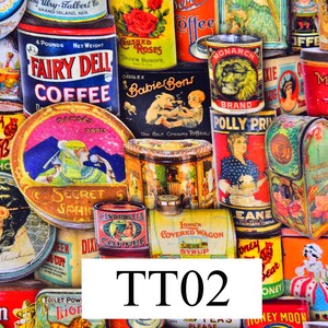 May include: A collage of vintage tin cans with various designs and colours. The cans feature images of flowers, animals, and people. Some of the cans have text on them, such as "Fairy Dell Coffee" and "Secret Sphinx".