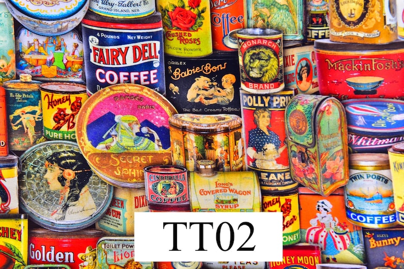 May include: A collage of vintage tin cans with various designs and colours. The cans feature images of flowers, animals, and people. Some of the cans have text on them, such as "Fairy Dell Coffee" and "Secret Sphinx".